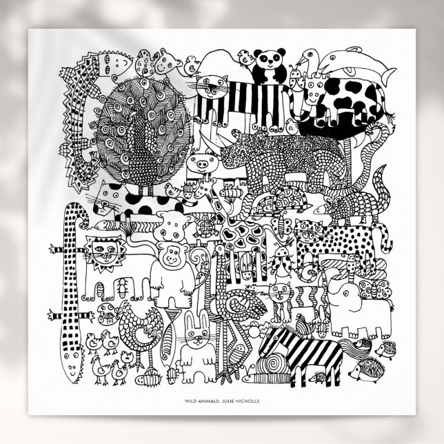 Vilda djur svart-vit teckning konsttryck poster (Wild Animals Black and White Drawing Art Print)