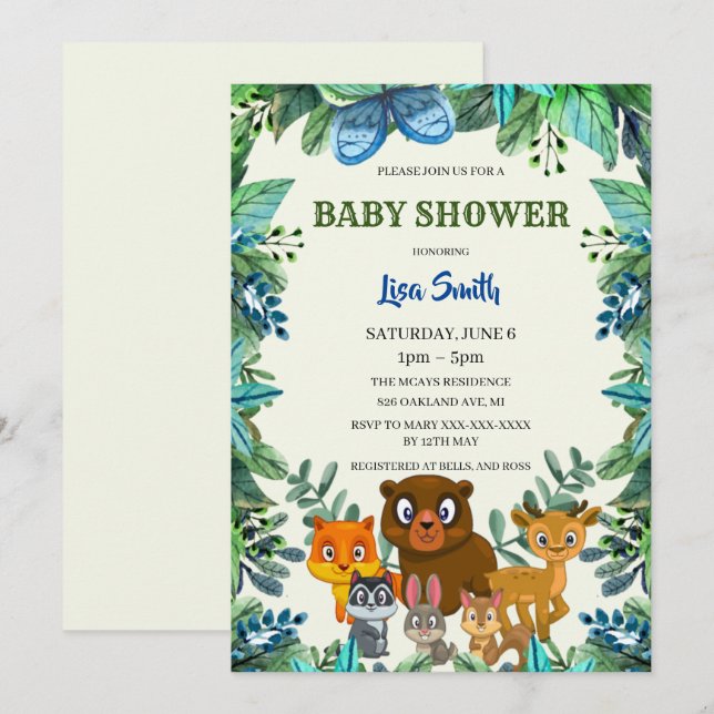 Vilda djur Woodland Forest Greenery Baby Shower Inbjudningar (Fram/baksida)