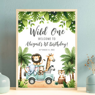 Vilda Ett Safari Djungel Första Födelsedags Välkom Poster
