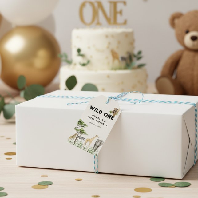 Vilda Ett Safari Djur Födelsedag Presentetikett (Wild One Safari Gift Tag)