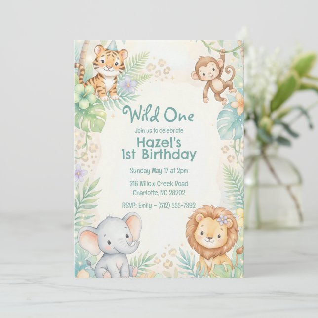 Vilda ettan Djur Safari Flicka 1-årsdag Inbjudningar (Stående Fram)