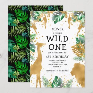 Vilda Ettan Jungle Safari 1-årsdag Guld Grön Inbjudningar