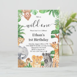 Vilda Ettan Jungle Safari Djur 1-års Födelsedagsfe Inbjudningar
