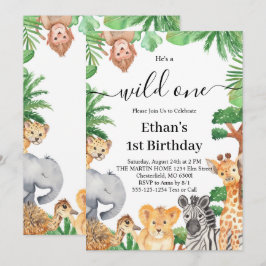 Vilda Ettan Jungle Safari Djur 1-års Födelsedagsfe Inbjudningar
