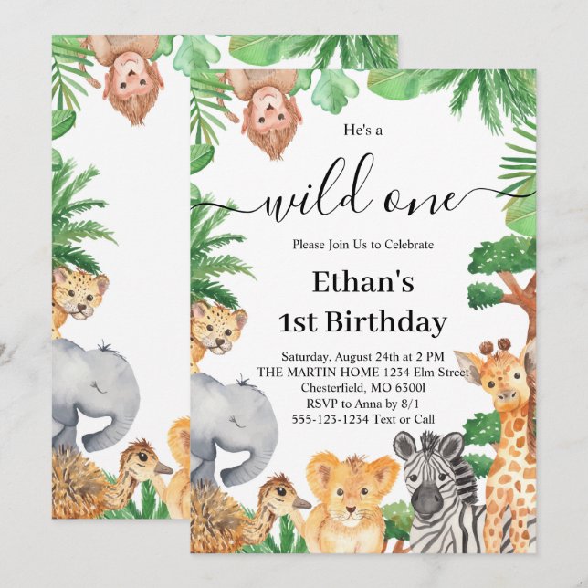 Vilda Ettan Jungle Safari Djur 1-års Födelsedagsfe Inbjudningar (Fram/baksida)