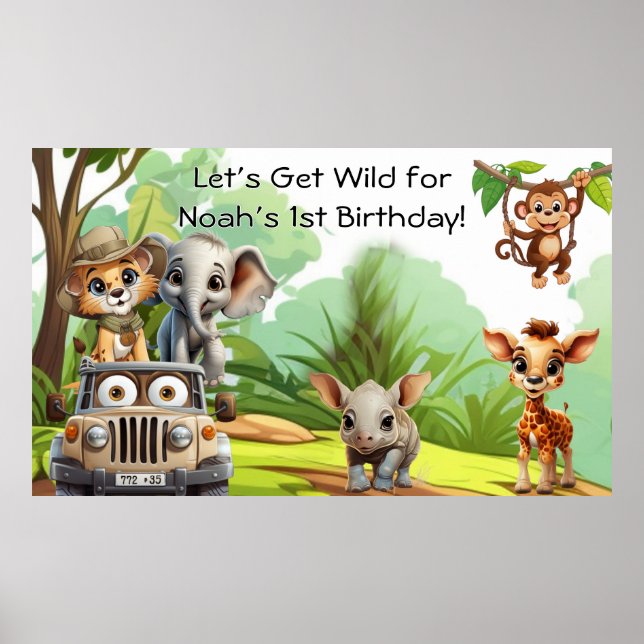 Vilda Ettan Jungle Safari Födelsedagsbanner – 1:a  Poster (Framsidan)