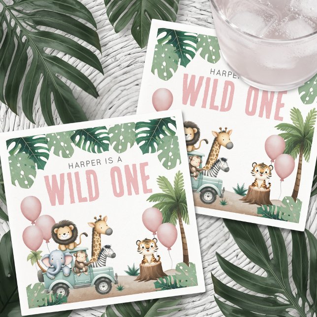 Vilda Ettan Rosa Safari 1-årsdag Pappersservett (Wild One Pink Safari 1st Birthday Napkins)
