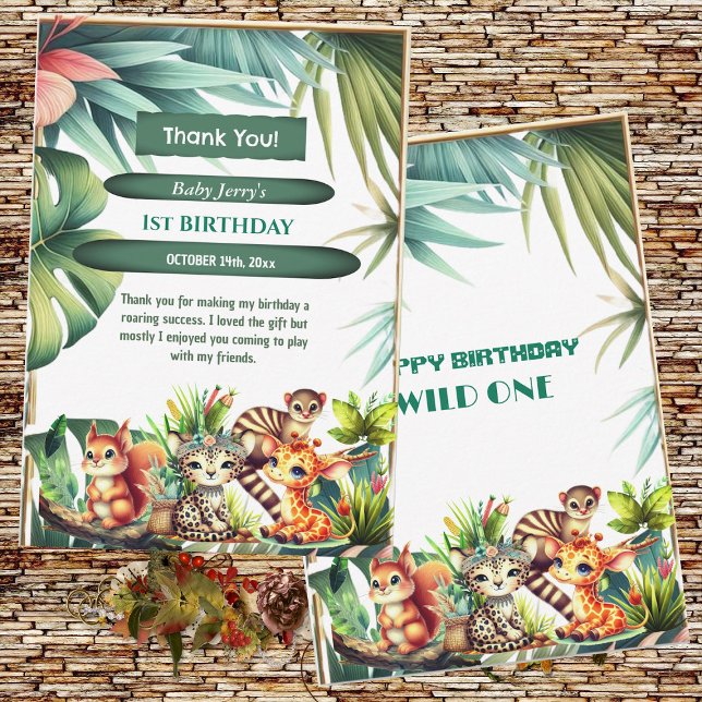 Vilda Ettårs Födelsedagsdjungel Safari Tropisk Grö Tack Kort (Wild One Birthday Jungle Safari Tropical Leaves Greenery Thank You Card)