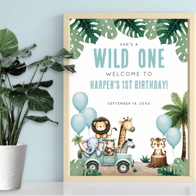 Vilda Ettårs Safari Födelsedagsfirande Poster (Wild One Safari 1st Birthday Welcome Poster )