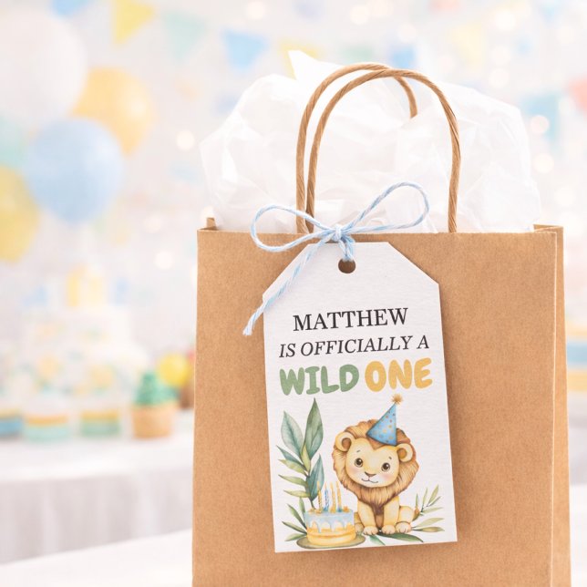 Vilda Ettårsfödelsafari Lejon Presentetikett (wild one lion bag)