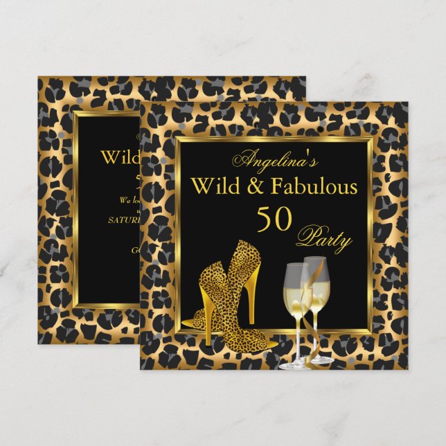 Vilda & fantastiska gyllene leopardklackar födelse inbjudningar (Fram/baksida)