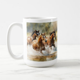 Vilda hästar springer Brun Svart Akvarell  Kaffemugg