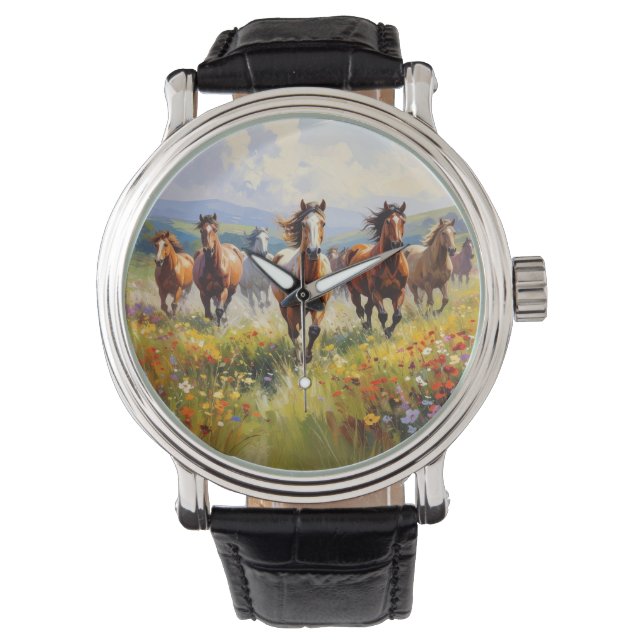 Vilda hästar springer i en äng med vilda blommor armbandsur (Framsida)