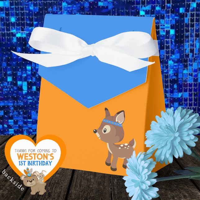 Vilda hjorten orange & blåa presentlådor (Wild One Woodland Deer Favor Boxes in Royal Blue and Orange. Personalized Backside)