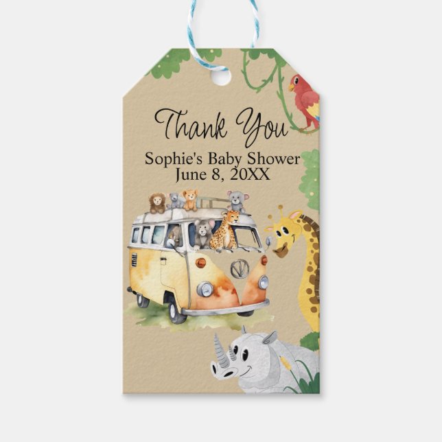 Vilda hjul Safari Djur Husbil Baby Shower Presentetikett (Framsidan)
