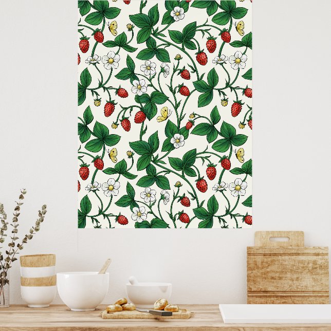 Vilda jordgubbar röda/gula/gröna/offwhite poster (Kök)