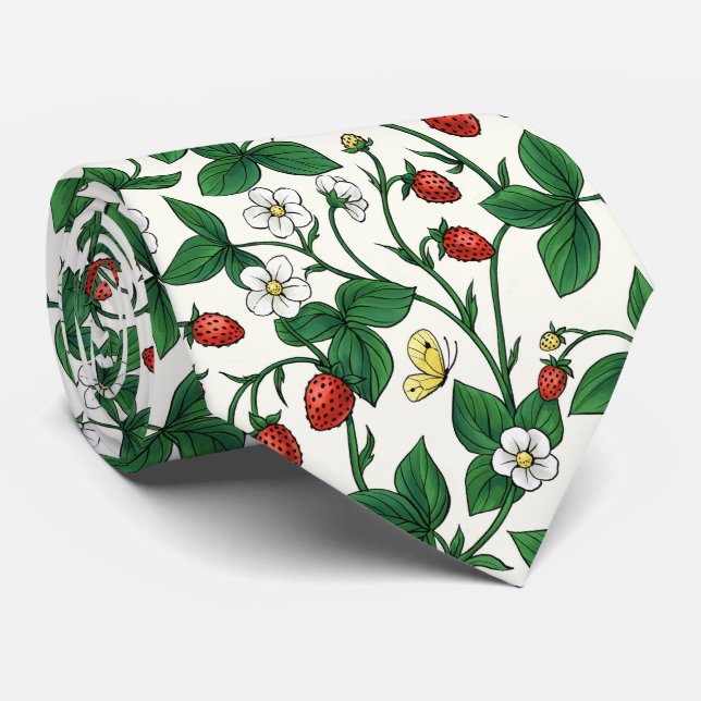 Vilda jordgubbar röda/gula/gröna/vitaktiga slips (Rullad)
