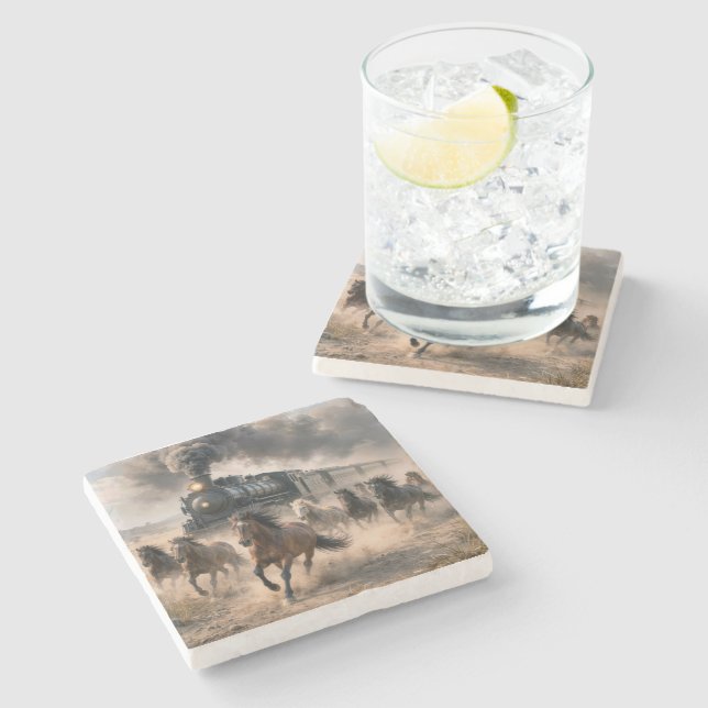 Vilda mustanger springer bredvid gammal ångtåg stenunderlägg (Sidan)