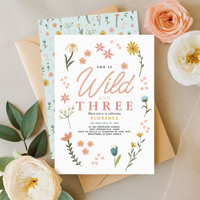 Vilda och fria boho-vildblomma 3-årsfest inbjudningar (Skapare uppladdad)