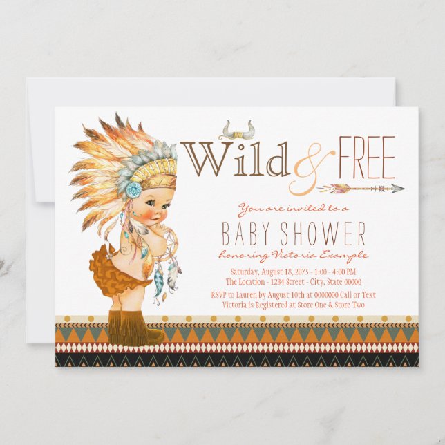 Vilda och Fria Flickor Boho Tribal Baby Shower Inbjudningar (Framsida)