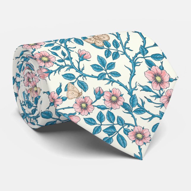 Vilda rosor och fjärilar /rosa/blå/vit slips (Rullad)