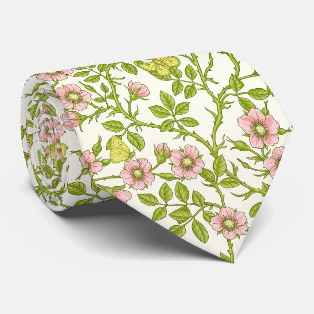 Vilda rosor och fjärilar /rosa/ blekgrön/gul slips (Rullad)