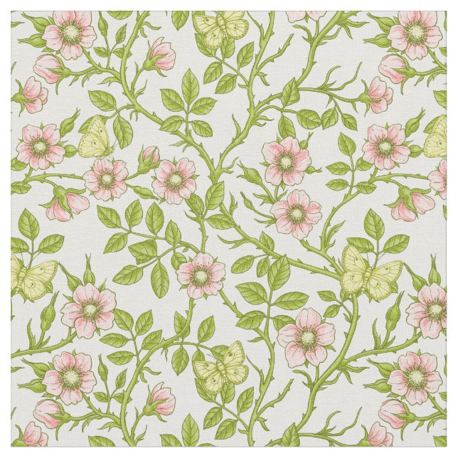 Vilda rosor och fjärilar /rosa/ blekgrön/gul tyg (Närbild)