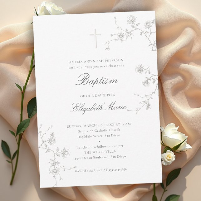 Vilda Rosors Trädgård Formell Modern Klassisk Dopc Inbjudningar (baptism invitation party card classic elegant wild roses wildflowers holy cross christening blessing)