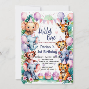 Vilda söta djur ballong barn 1-årsdag inbjudningar