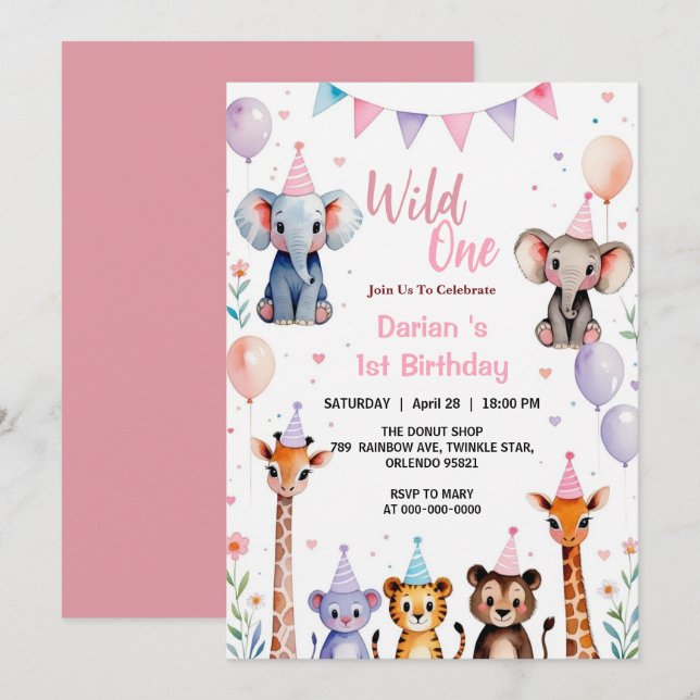 Vilda söta djur ballongflickor 1-årsdag tack kort (Fram/baksida)