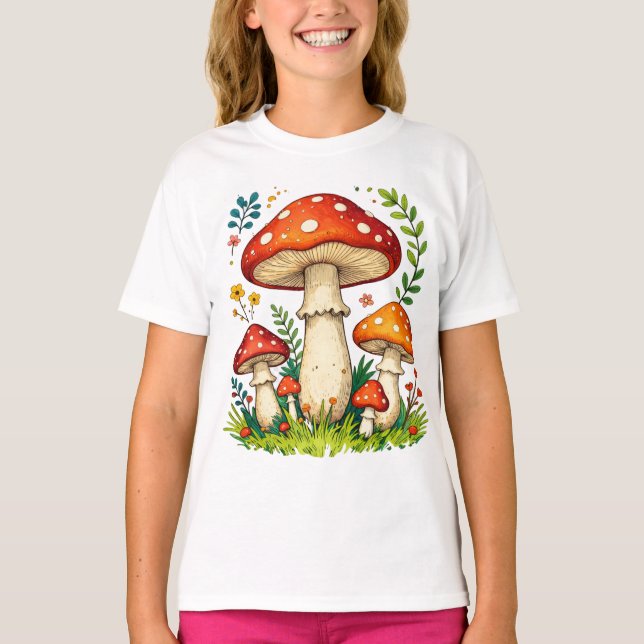 Vilda svampar och blommor i gräs skogs natur t shirt (Framsida)