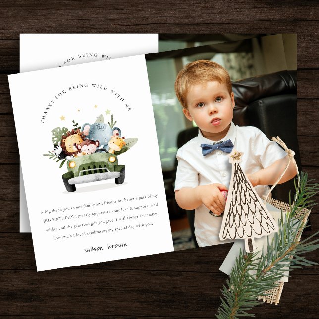 Vilda tropiska djungeldjur i bil födelsedagsfoto tack kort (Skapare uppladdad)