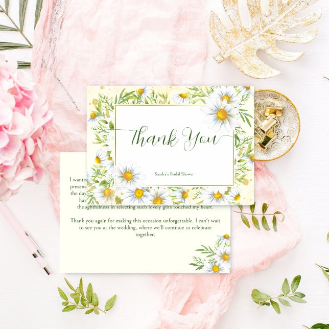 Vilda tusenskönor vår sommar bröllopsdusch tack kort (Wild daisy flowers spring summer bridal shower thank you card green yellow floral thank you cards)