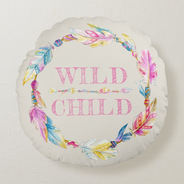 Vilda, underordnade, vattenfärgsludd rund kudde (Framsidan)