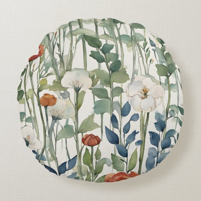 Vilda vårblommor akvarellkonst  rund kudde (Framsidan)