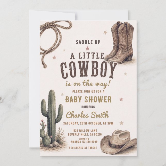 Vilda västern- rodeo-kowboy-bebisens shower inbjudningar (Framsida)