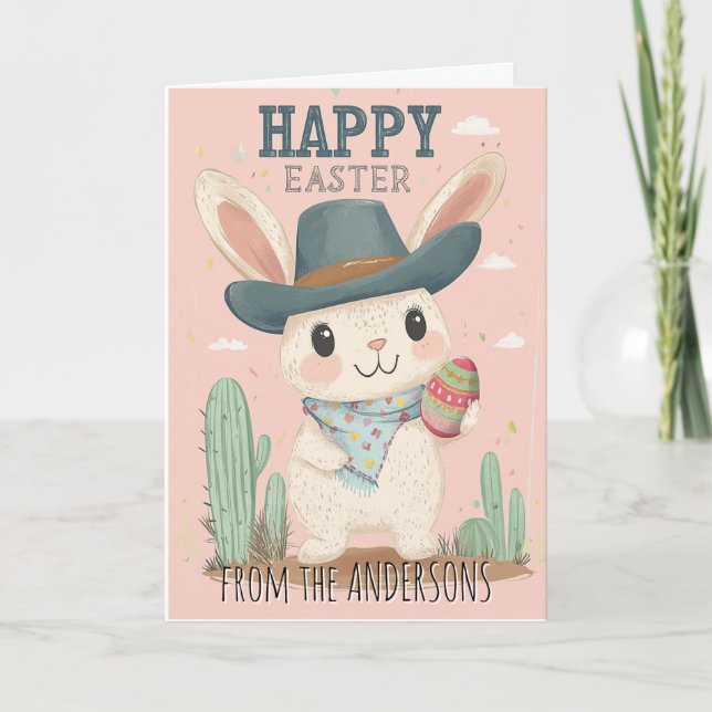 Vilda västern Söta kanin som håller påskägg Helgkort (Framsida)