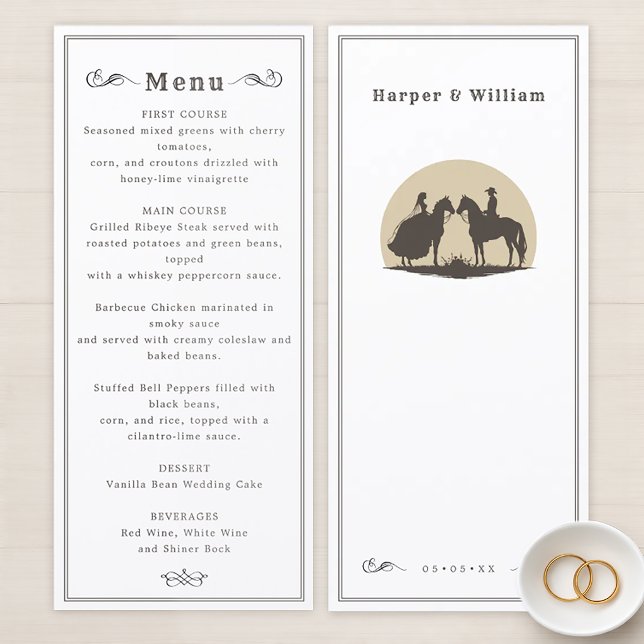 Vilda västerns ridande cowboybröllopsmeny meny (Western cowboy horseback wedding menu.)
