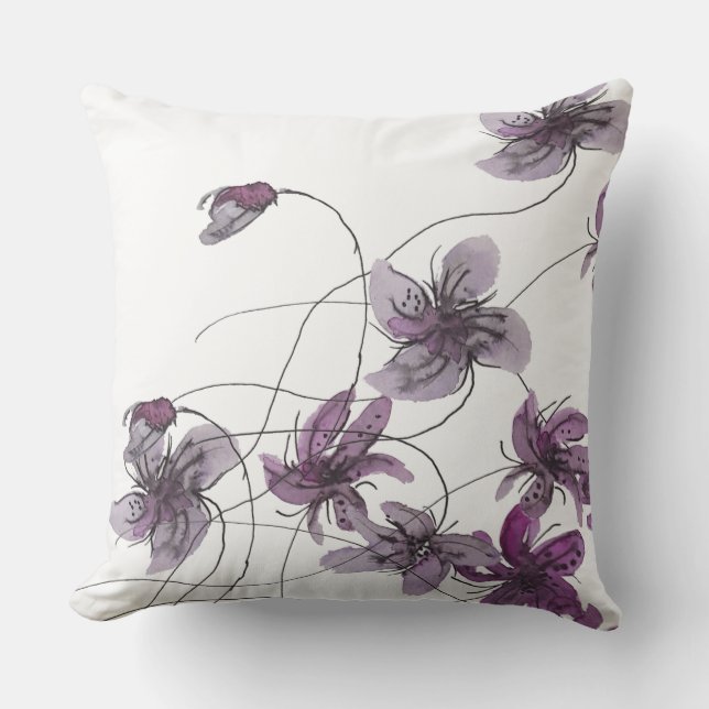 Vilda Violer Boho Blommig Akvarell Handmålad Kudde (Framsida)