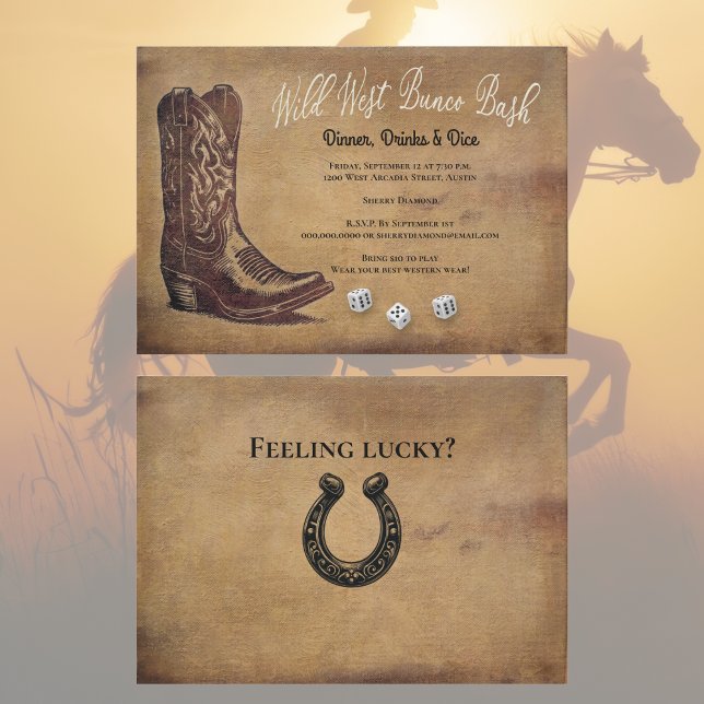Vilda western Cowboy Boot Bunco Inbjudningar (Bunco Invitation - Western themed for your favorite cowgirls and cowboys. Wild West Bunco Bash. )