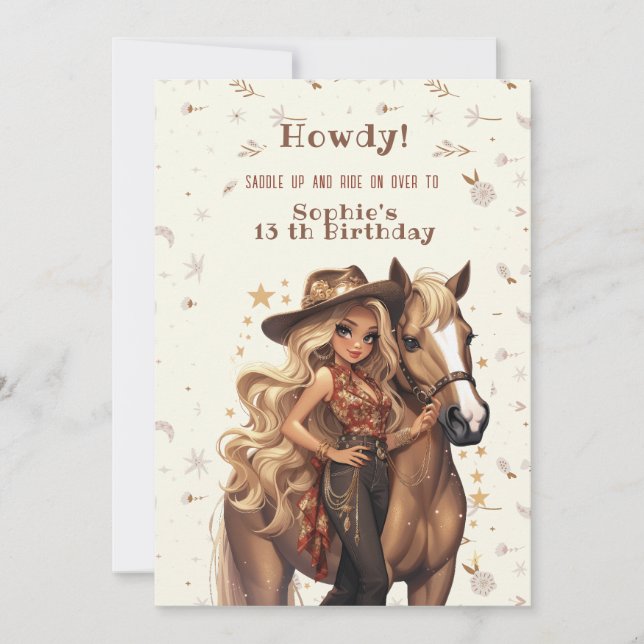 Vilda western cowgirl-födelsedag inbjudningar (Framsida)