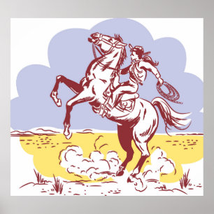 Vilda western Cowgirl: Vintage Line Teckning. Poster