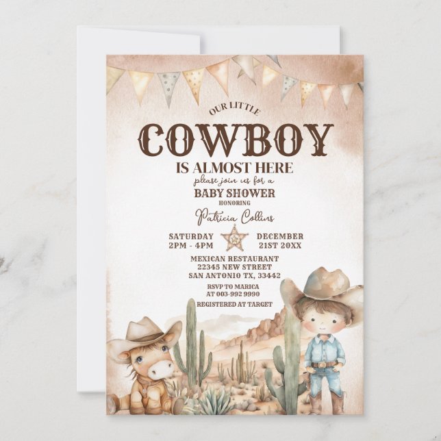 Vilda western Little Cowboy Baby Shower Inbjudningar (Framsida)
