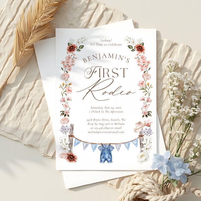 Vilda western Little Cowboy First Rodeo 1:a födels Inbjudningar (Wild West Little Cowboy First Rodeo 1st Birthday Invitation)