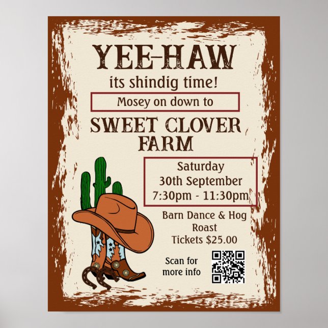 Vilda western Rustic Cowboy Western QR-kod för Par Poster (Framsidan)