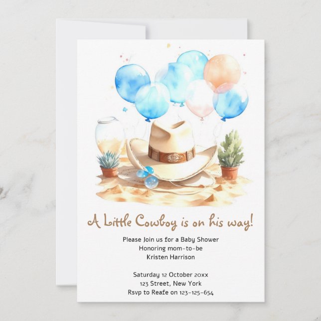 Vilda western Watercolor Cowboy Baby Shower Inbjudningar (Framsida)