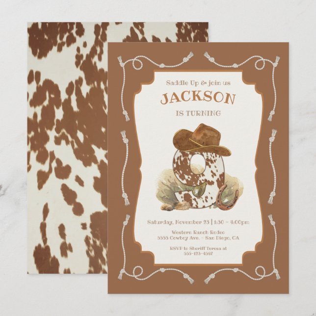 Vilda western Western Cowboy 9:e Födelsedagsfesten Inbjudningar (Fram/baksida)