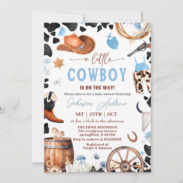 Vilda western Western CowBoy Blue Baby Shower Inbjudningar (Framsida)