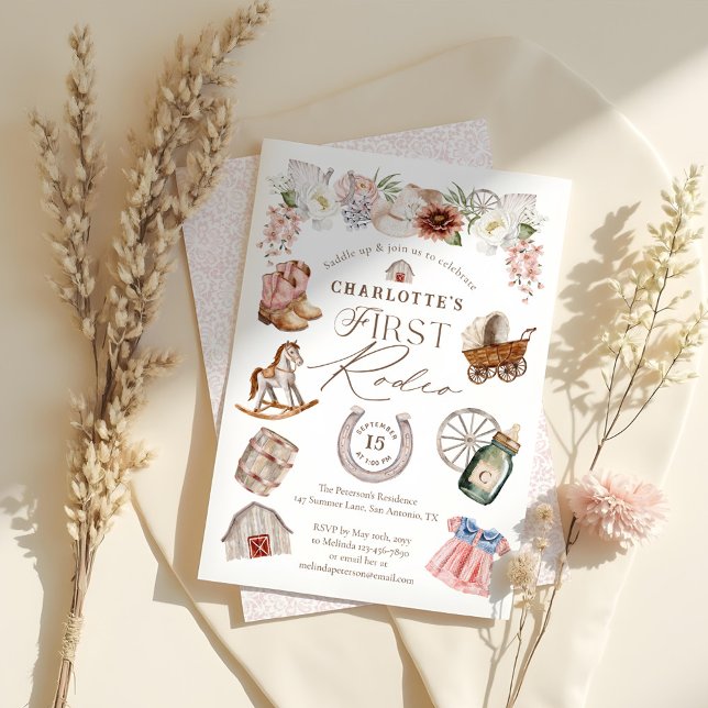 Vilda western Western Cowgirl First Rodeo 1:a föde Inbjudningar (Wild West Western Cowgirl First Rodeo 1st Birthday Invitation)