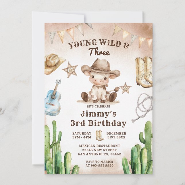Vilda western Young Vild & Three Cowboy Birthday Inbjudningar (Framsida)